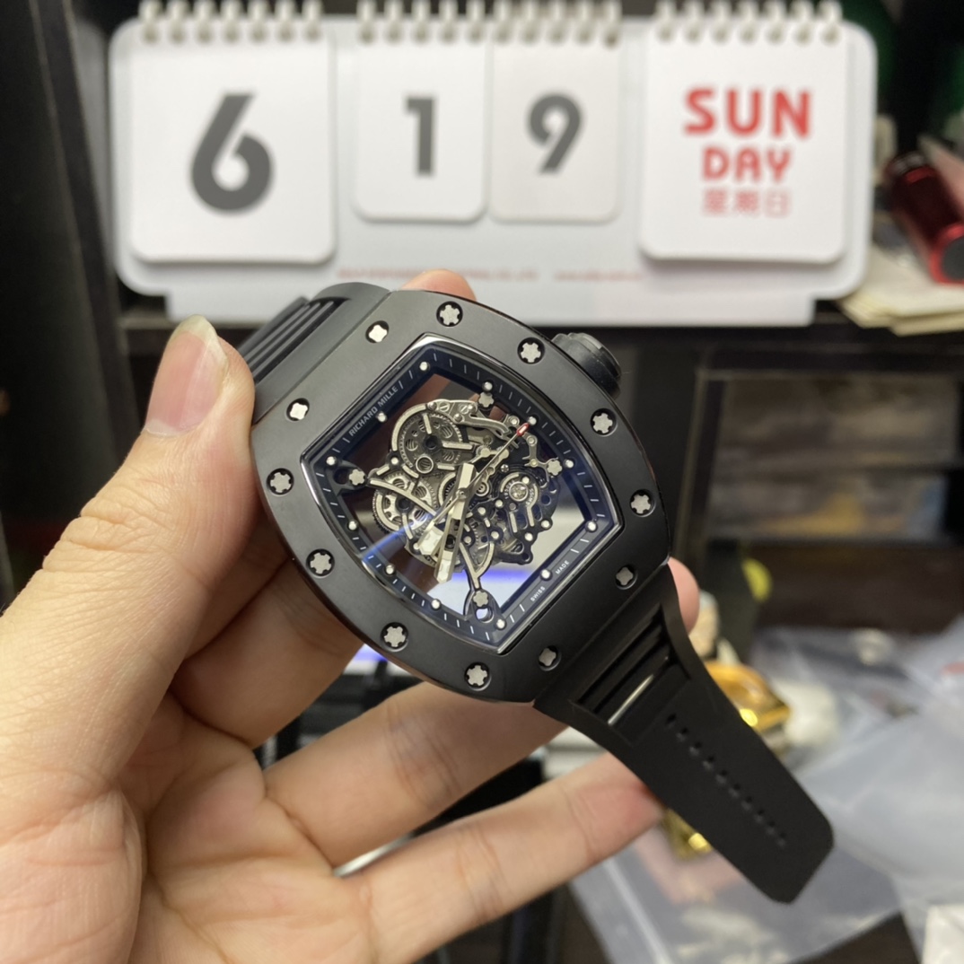Richard Mille Men's Collection series RM055, Black Ceramic Case with Skeletonized Movement Design, 49.90 x 42.70mm size.