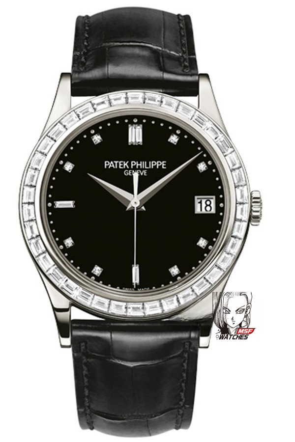 Patek Philippe Classical Watch Series 5298P-012, Black Dial and Square Diamond Bezel Italian Calfskin Leather Strap, 38mm Size.