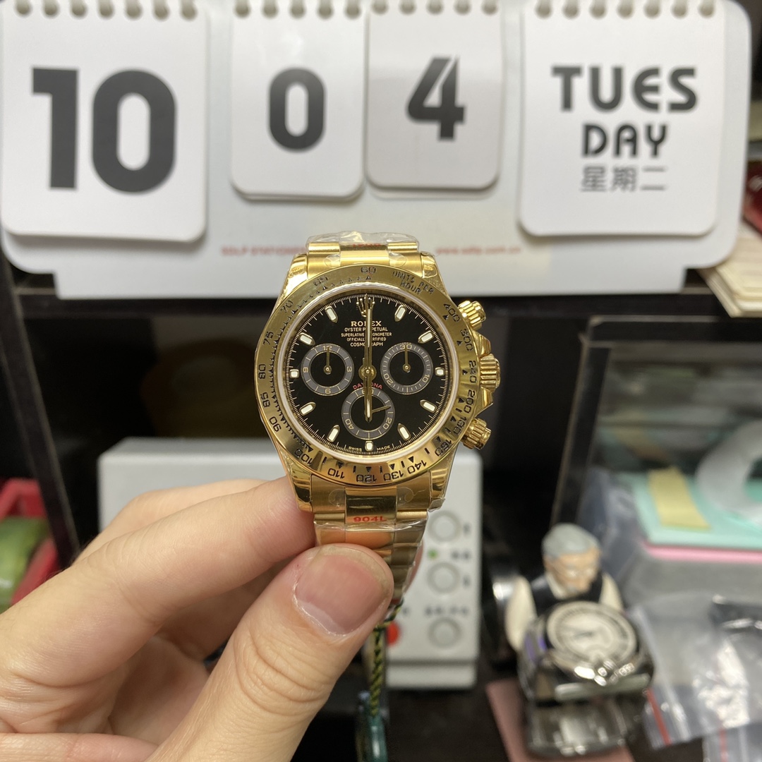 Rolex Cosmograph Daytona Series m116508-0004, Full Gold Case Black Dial Arabic Numerals, 40mm size.