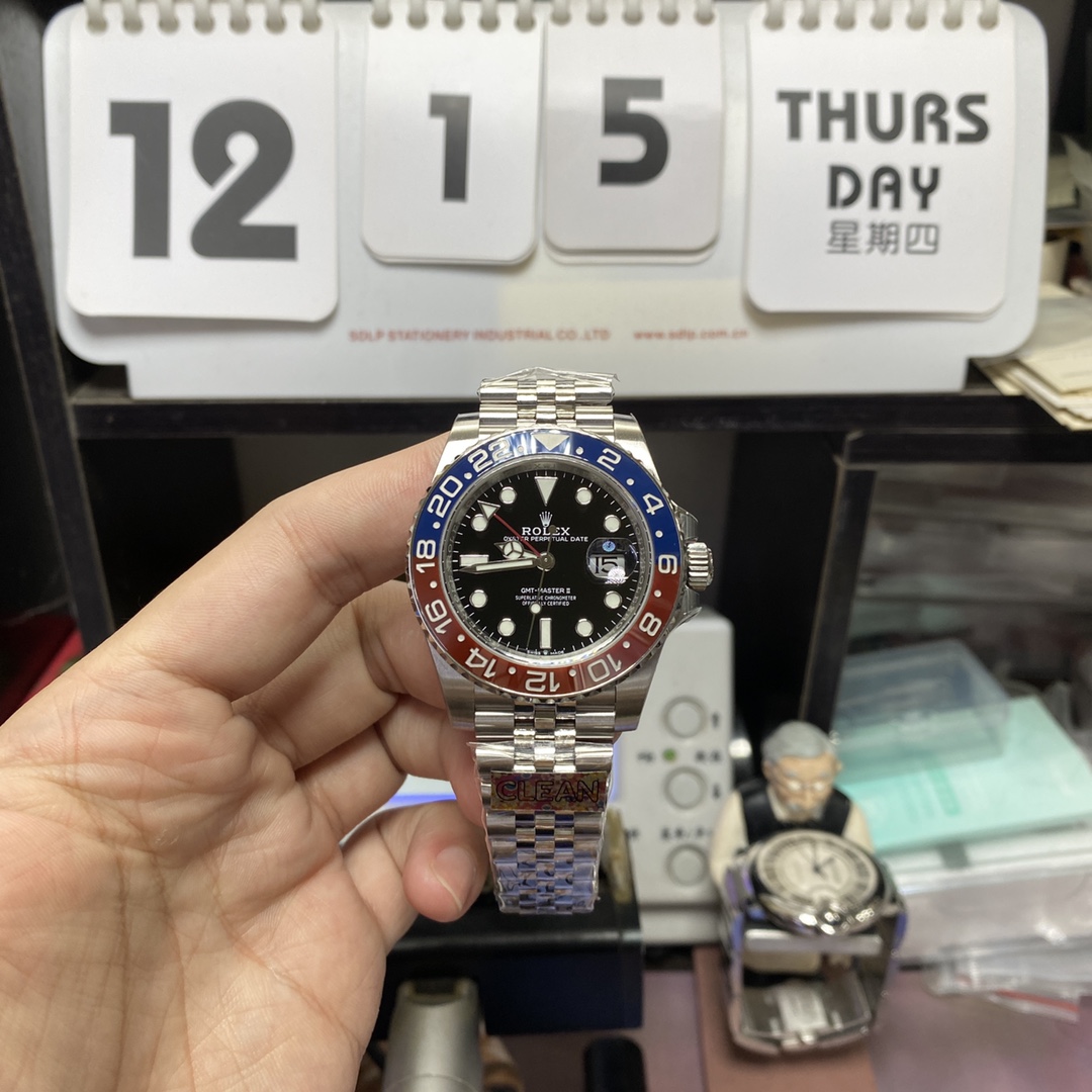 Rolex GMT-Master II series m126710blro-0001, Pepsi bezel features a five-link Jubilee bracelet a red and blue ceramic bezel a black dial and a red GMT hand, 40mm size.