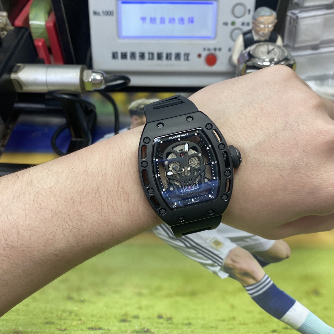 Richard Mille Men's Collection series RM052, Skull Design Black Case Rubber Strap, 42.7×50mm size.