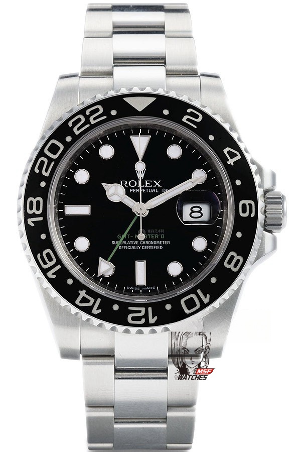 Rolex GMT-Master II series 116710LN-0001, All-Black Bezel Black Dial Green Hands, 40mm Size.
