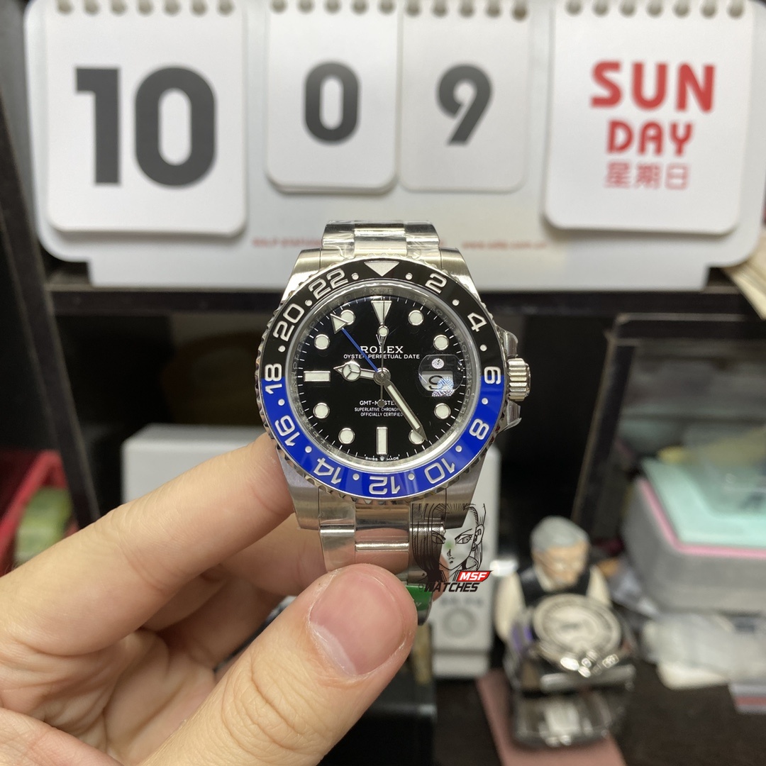 Rolex GMT-Master II series m126710blnr-0002, Steel Bracelet Black and Blue Ceramic Bezel Black Dial Blue Hands, 40mm size.