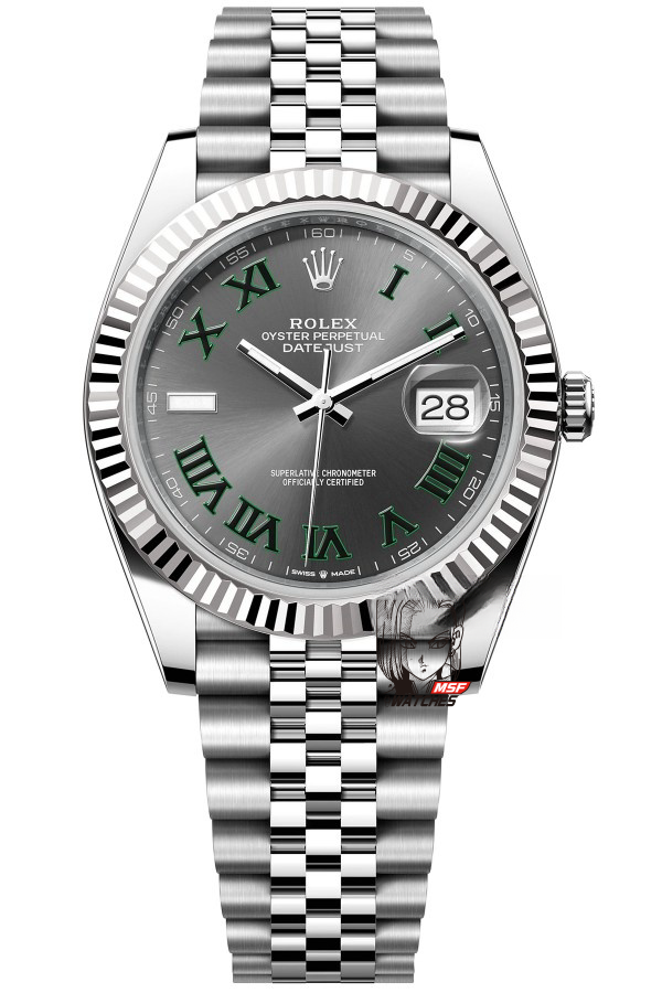 Rolex Datejust Series m126334-0022, Grey Dial with Green Roman Numerals Five-Link Stainless Steel Bracele, 41mm Size.