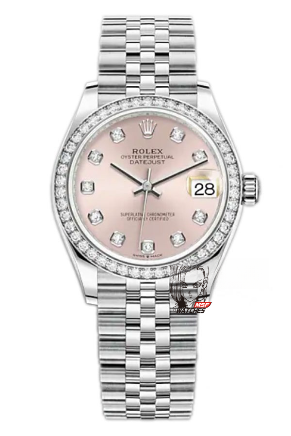 Rolex Datejust series m278384rbr-0036, Pink Dial with Diamond Bezel, 31mm size, Jubilee stainless steel bracelet.