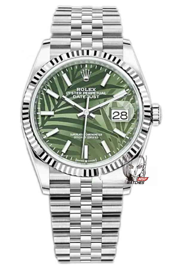 Rolex Datejust series m126234-0047, Palm Leaf Pattern on a Green Dial, 36mm size, Jubilee stainless steel bracelet.