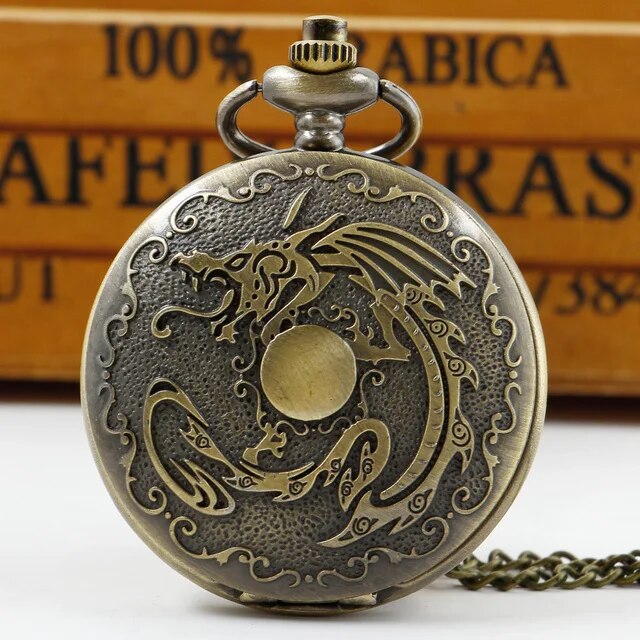 Retro Chinese Style Double Dragons Playing with Beads Quartz Pocket Watch With Chain Necklace Pendant Fob Watches
