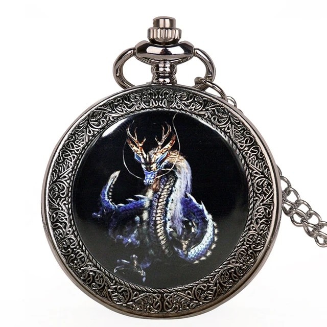 Vintage Bronze Chinese Style Dragon Design Quartz Pocket Watch With Necklace Chain Best Gift CF1039