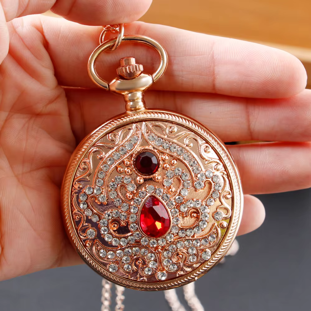 Gold Diamond Design Fashion Quartz Pocket Watch Women's Retro Jewelry Necklace Birthday Timepiece Anniversary Gift XH1007
