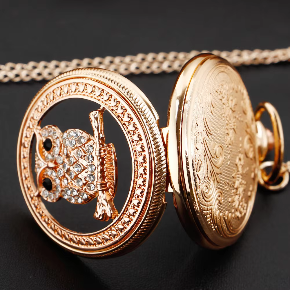 Pocket Watch with Lovely Owl Full Hunter Alloy Quartz Clock with Necklace Fob Chain  Antique Watches for Men Women XH1010