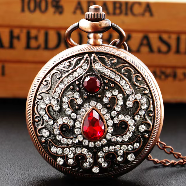 Antique Vintage Pocket Watch Personalized Multi Diamond Multi Color Design Necklace Quartz Clock Women's Unisex Gift Souvenir
