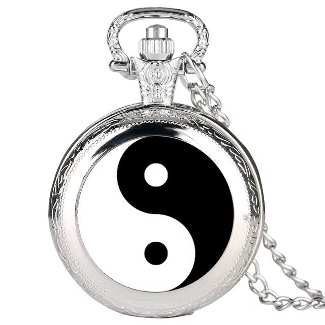 Black and White Tai Chi Snap Button Quartz Pocket Watch Yin Yang Jewelry Steampunk Medium Size Necklace Chain Collectibles Gifts
